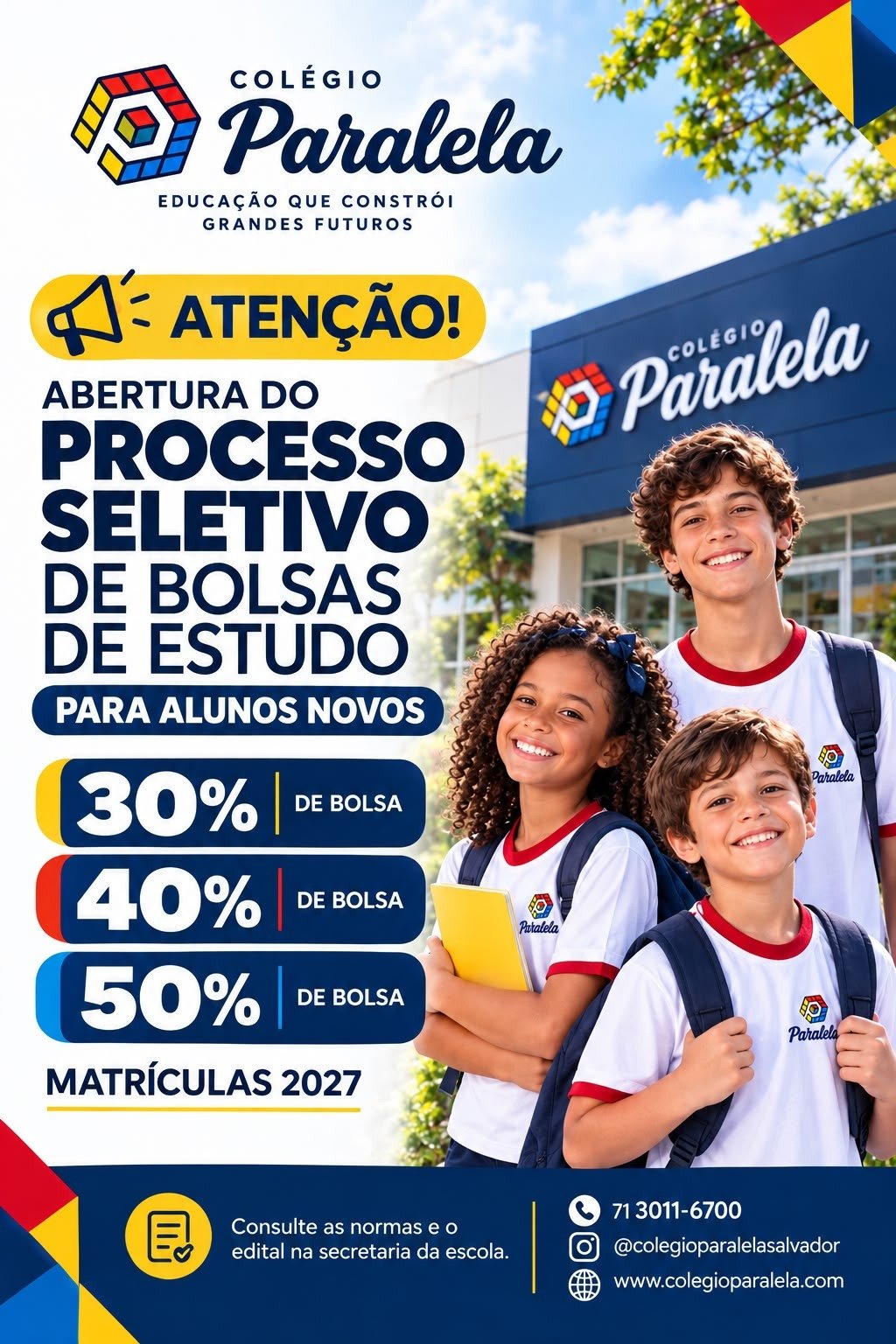 Colégio Paralela — Abertura do Processo Seletivo de Bolsas de Estudo para alunos novos: 30%, 40% e 50% de bolsa. Matrículas 2027.