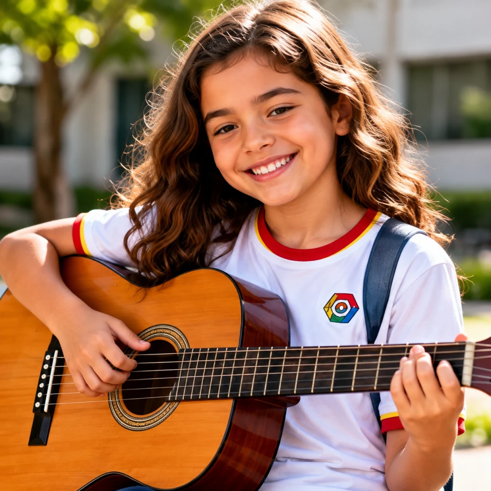 Aluna sorrindo tocando violão, com o uniforme do colégio