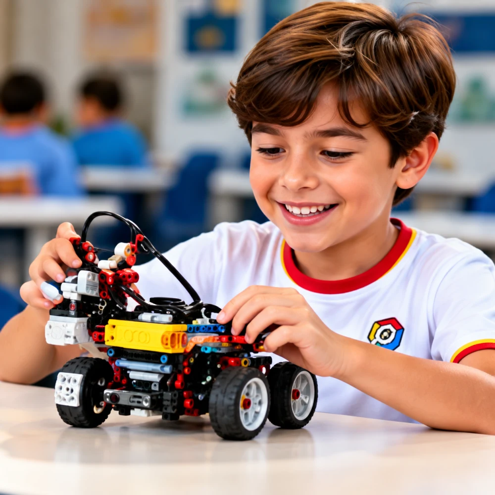Aluno sorrindo montando um carrinho de robótica