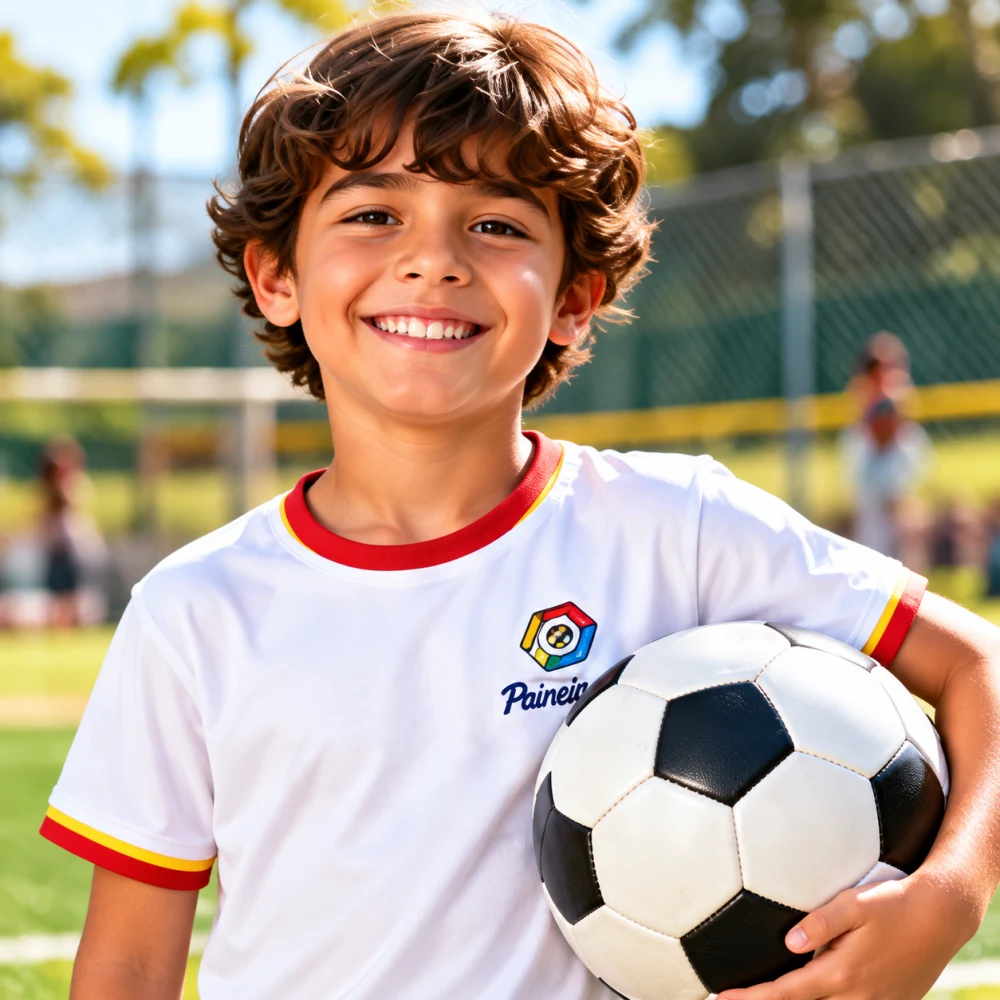 Aluno sorrindo segurando uma bola de futebol na quadra