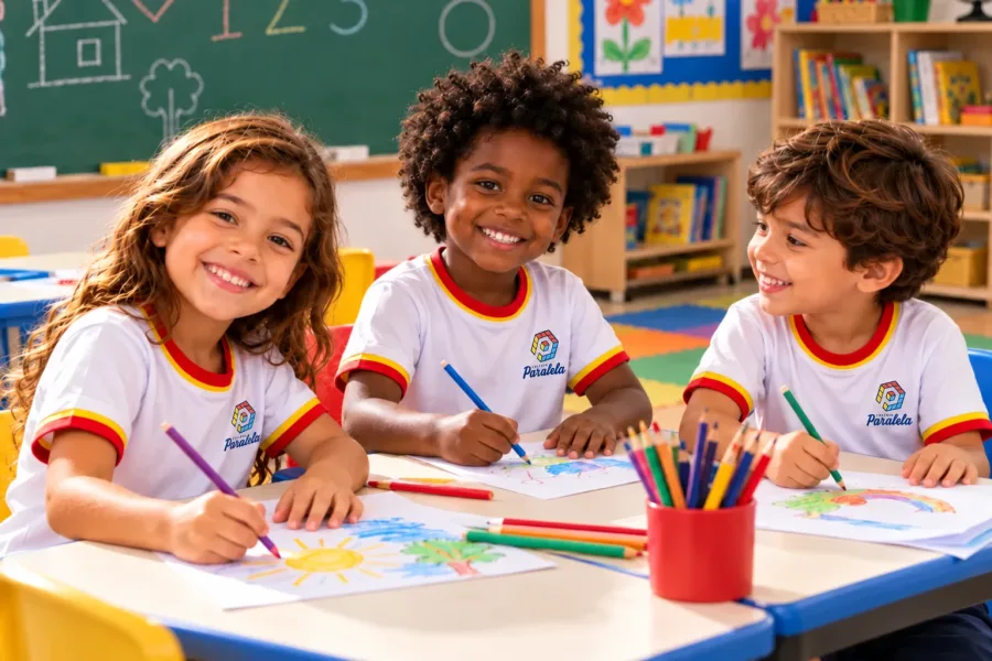 Crianças da Educação Infantil do Colégio Paralela desenhando em sala de aula