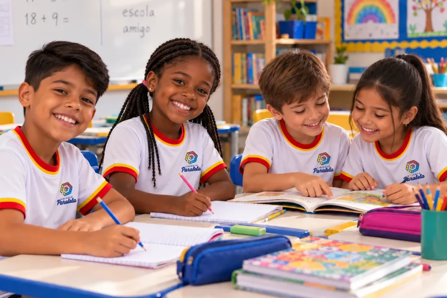 Alunos do Ensino Fundamental I do Colégio Paralela estudando juntos em sala de aula