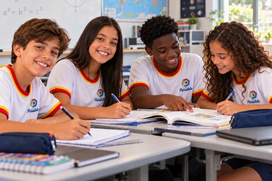 Alunos do Ensino Fundamental II do Colégio Paralela estudando em grupo em sala de aula