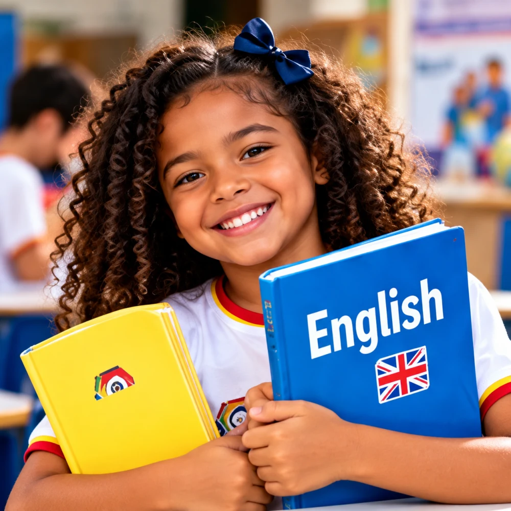 Aluna sorrindo segurando um livro de inglês