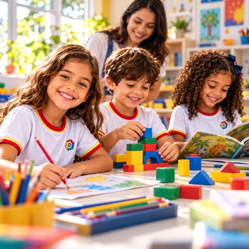 Crianças sorrindo fazendo atividades juntas em sala
